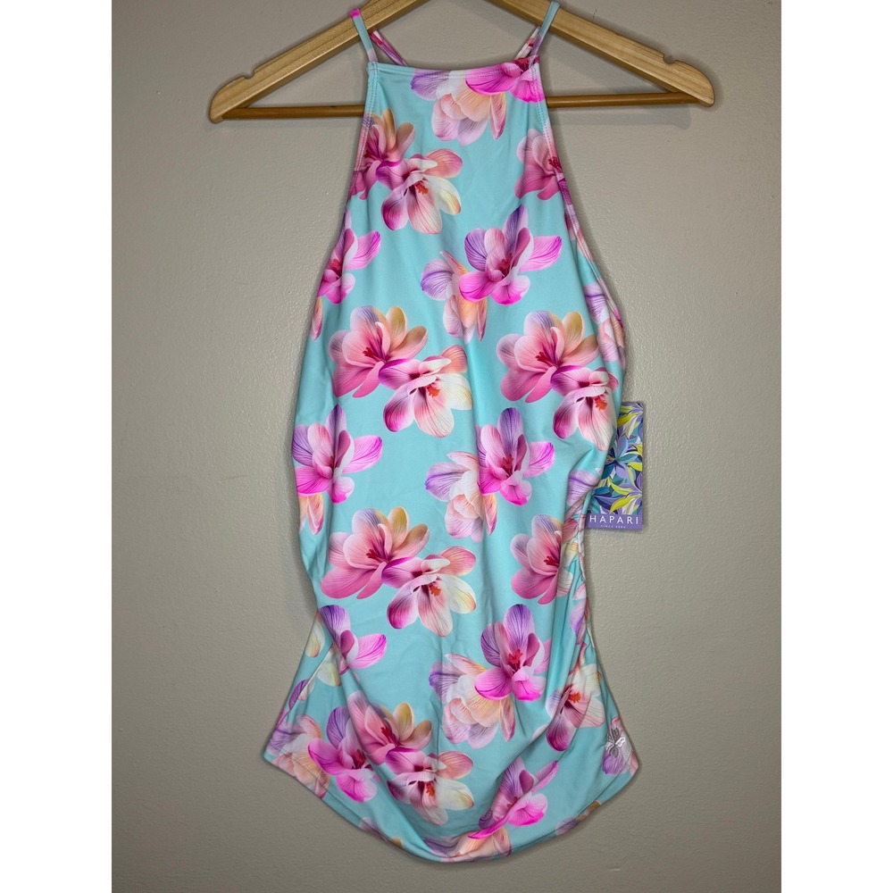 Hapari Petunia Pop High-Neck Tankini Top Floral Aqua Pink SPF 50+ NWT Large